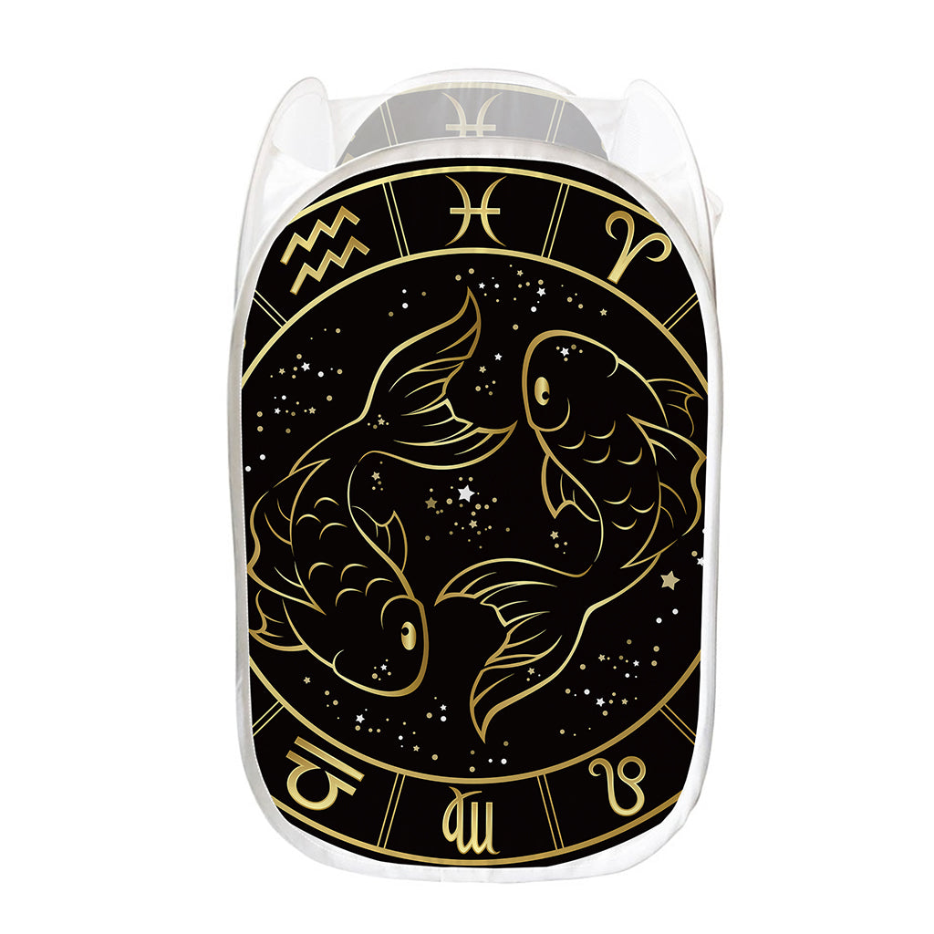 Gold And Black Pisces Sign Print Mesh Laundry Hamper