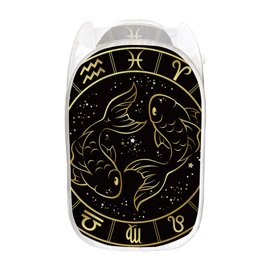 Gold And Black Pisces Sign Print Mesh Laundry Hamper