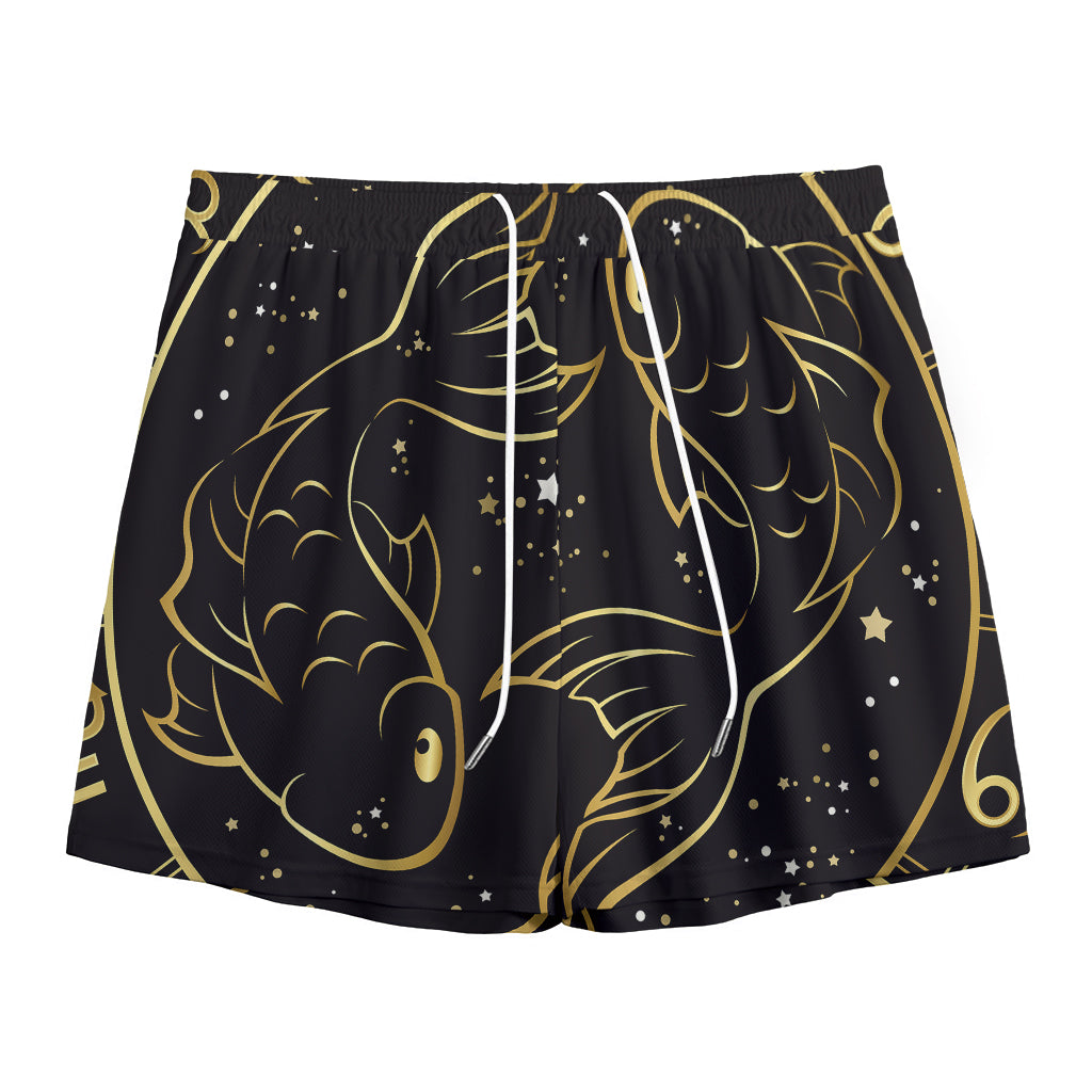 Gold And Black Pisces Sign Print Mesh Shorts