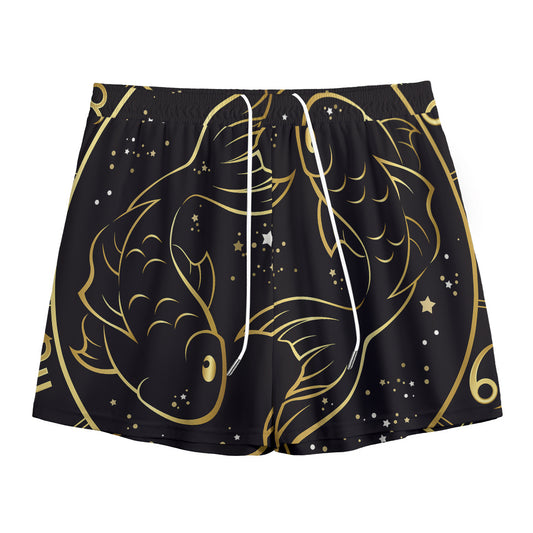 Gold And Black Pisces Sign Print Mesh Shorts