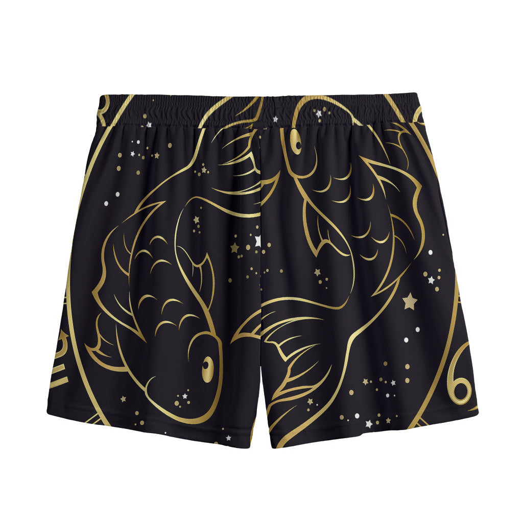 Gold And Black Pisces Sign Print Mesh Shorts