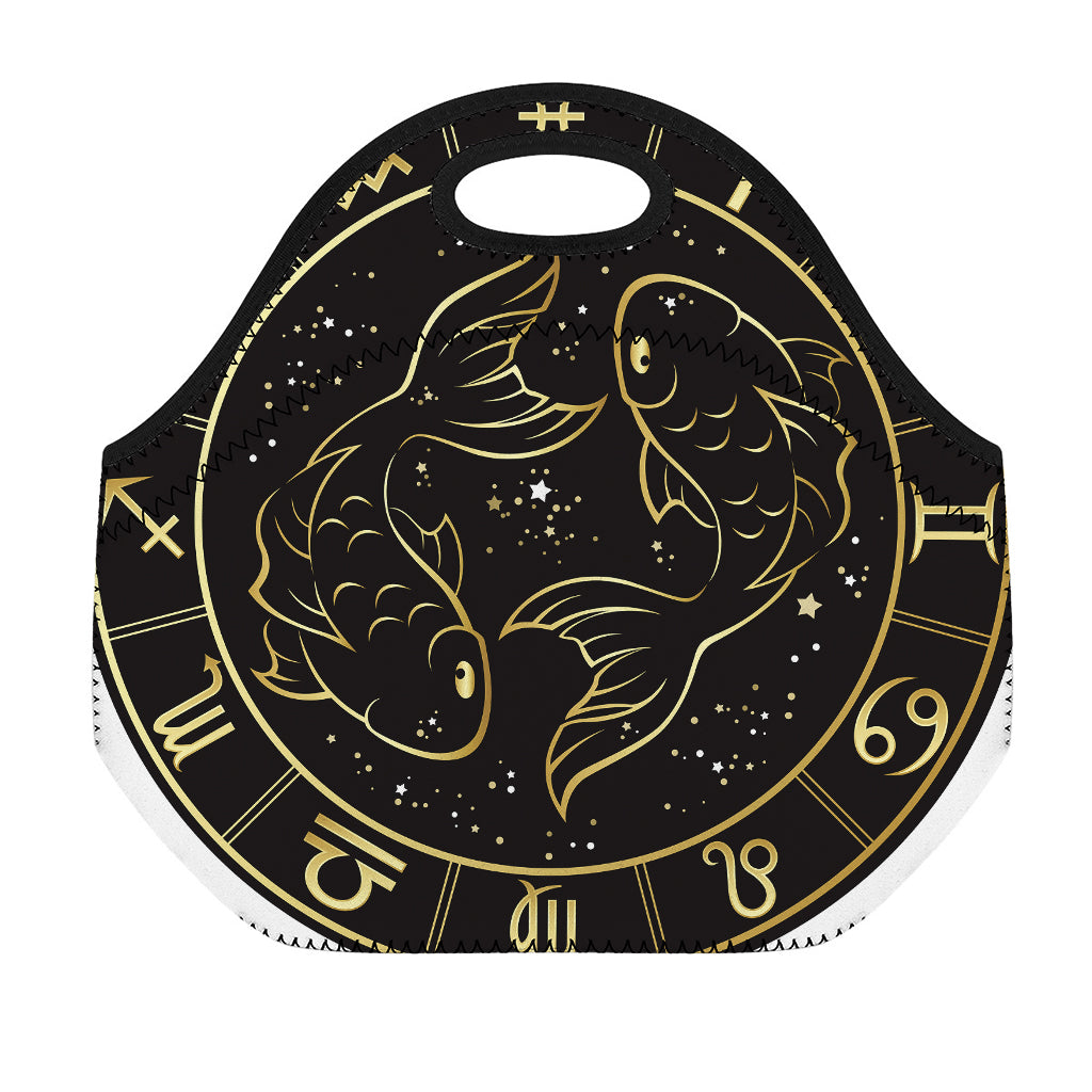 Gold And Black Pisces Sign Print Neoprene Lunch Bag