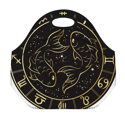 Gold And Black Pisces Sign Print Neoprene Lunch Bag