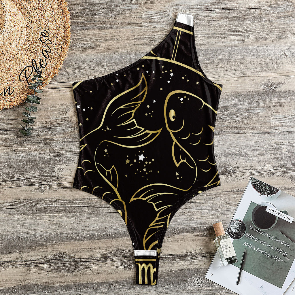 Gold And Black Pisces Sign Print One Shoulder Bodysuit