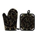 Gold And Black Pisces Sign Print Oven Mitt And Pot Holder Set
