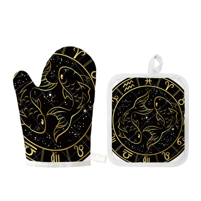 Gold And Black Pisces Sign Print Oven Mitt And Pot Holder Set