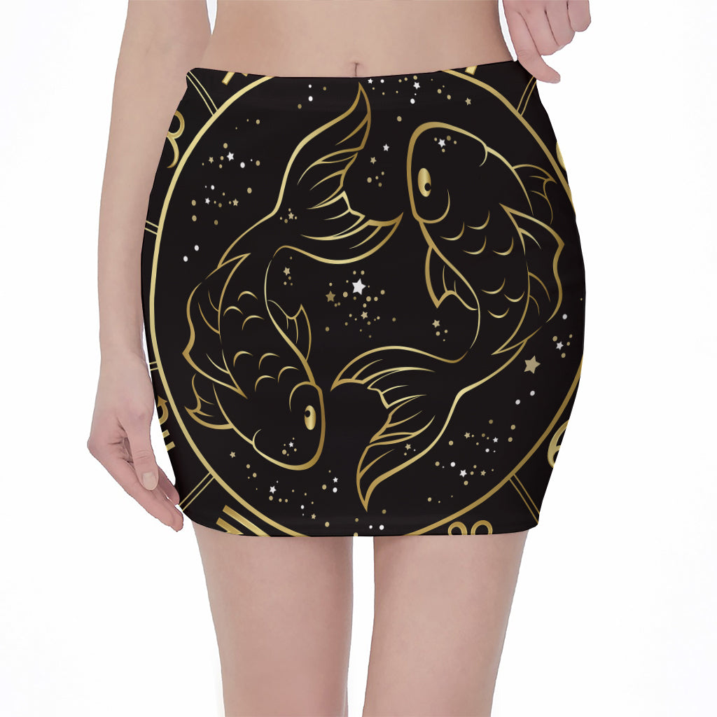 Gold And Black Pisces Sign Print Pencil Mini Skirt