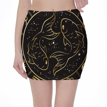 Gold And Black Pisces Sign Print Pencil Mini Skirt