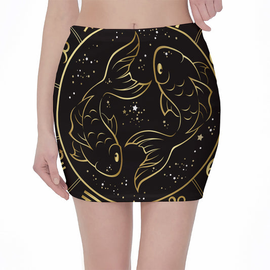 Gold And Black Pisces Sign Print Pencil Mini Skirt