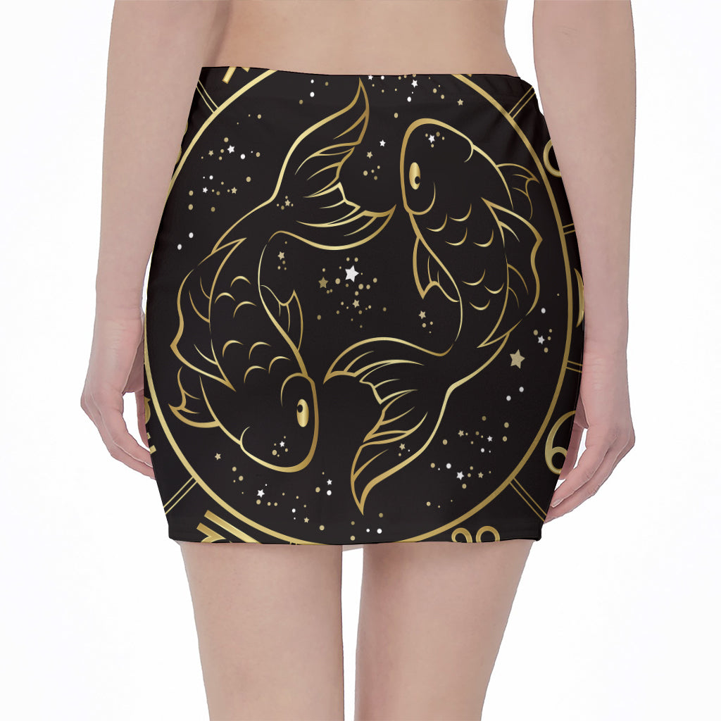 Gold And Black Pisces Sign Print Pencil Mini Skirt