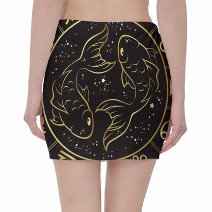 Gold And Black Pisces Sign Print Pencil Mini Skirt