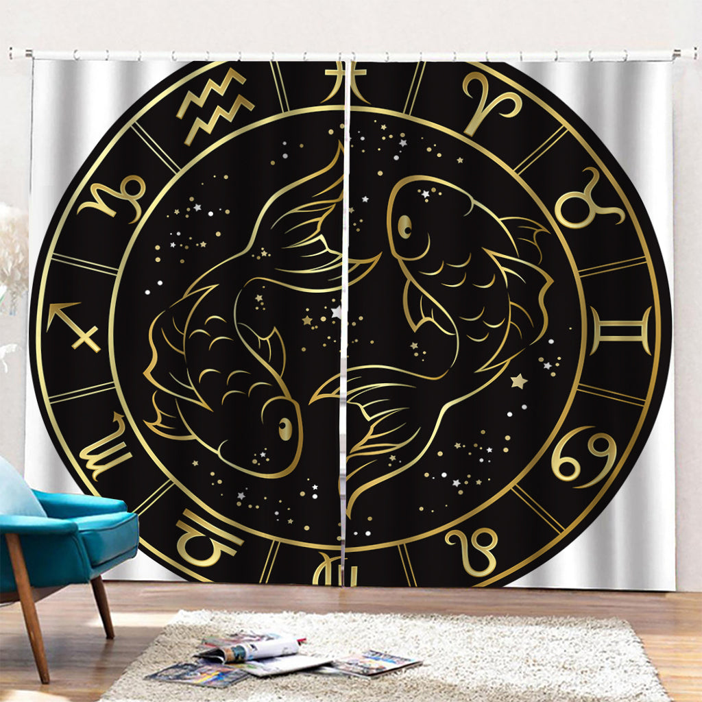 Gold And Black Pisces Sign Print Pencil Pleat Curtains