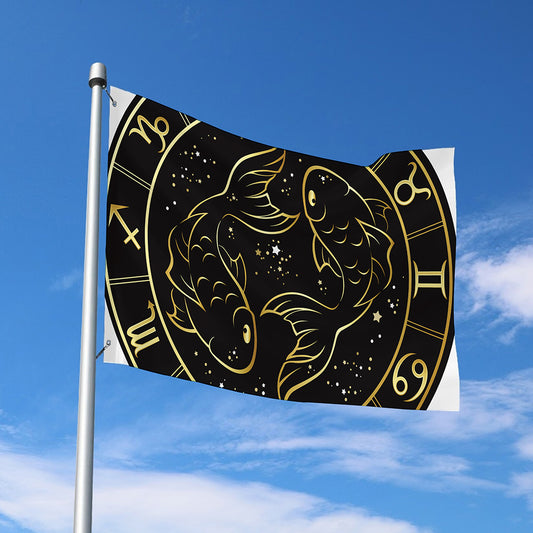 Gold And Black Pisces Sign Print Polyester Flag