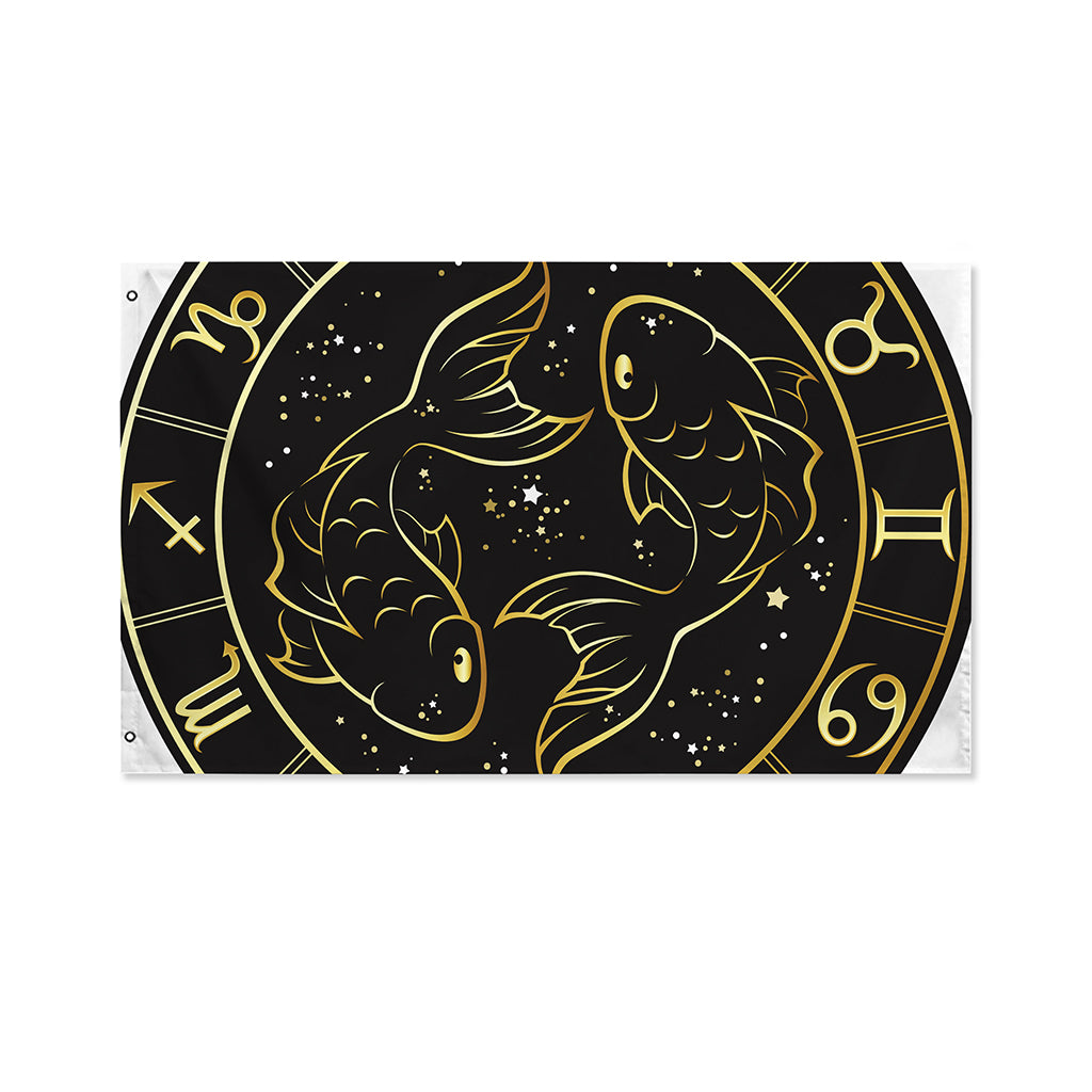 Gold And Black Pisces Sign Print Polyester Flag