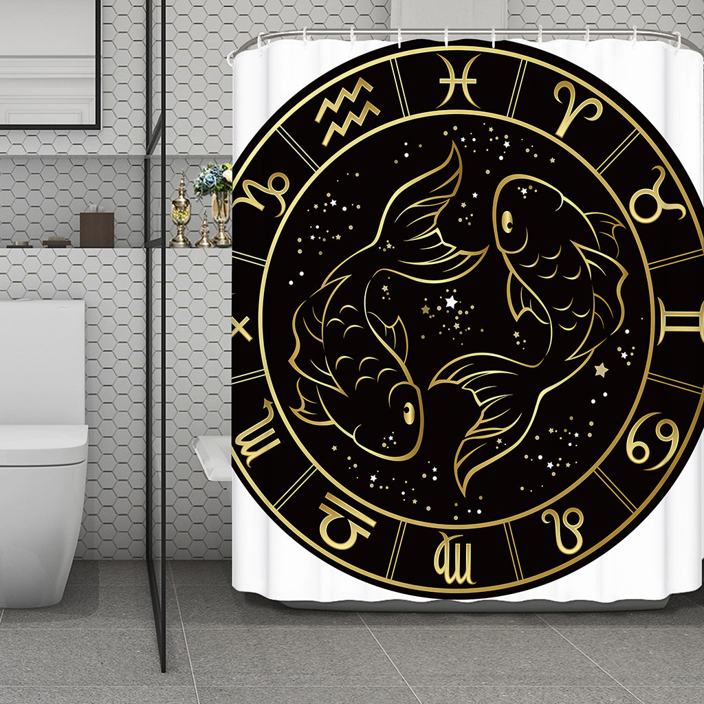 Gold And Black Pisces Sign Print Polyester Shower Curtain