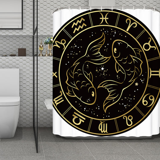 Gold And Black Pisces Sign Print Polyester Shower Curtain