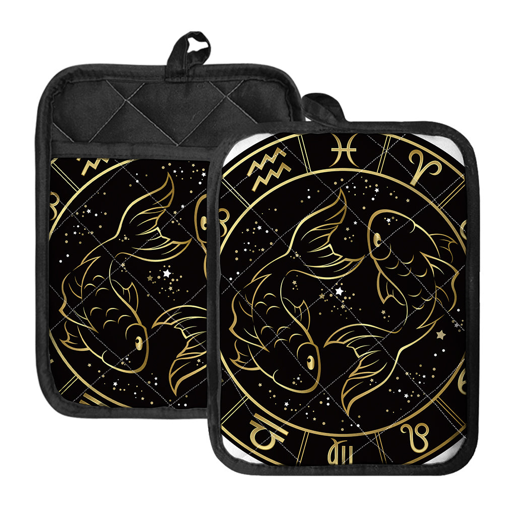 Gold And Black Pisces Sign Print Pot Holders With Pocket
