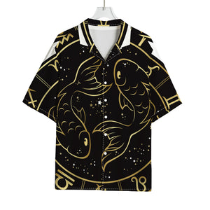 Gold And Black Pisces Sign Print Rayon Hawaiian Shirt