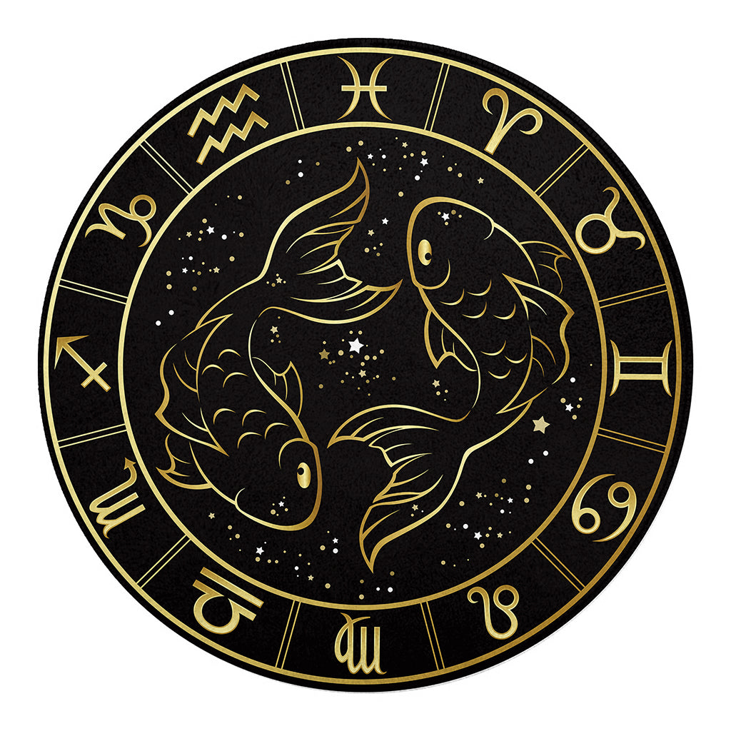 Gold And Black Pisces Sign Print Round Blanket