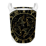 Gold And Black Pisces Sign Print Round Laundry Basket