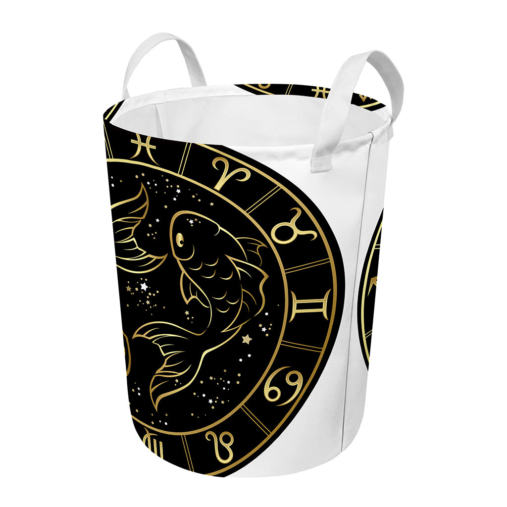 Gold And Black Pisces Sign Print Round Laundry Basket