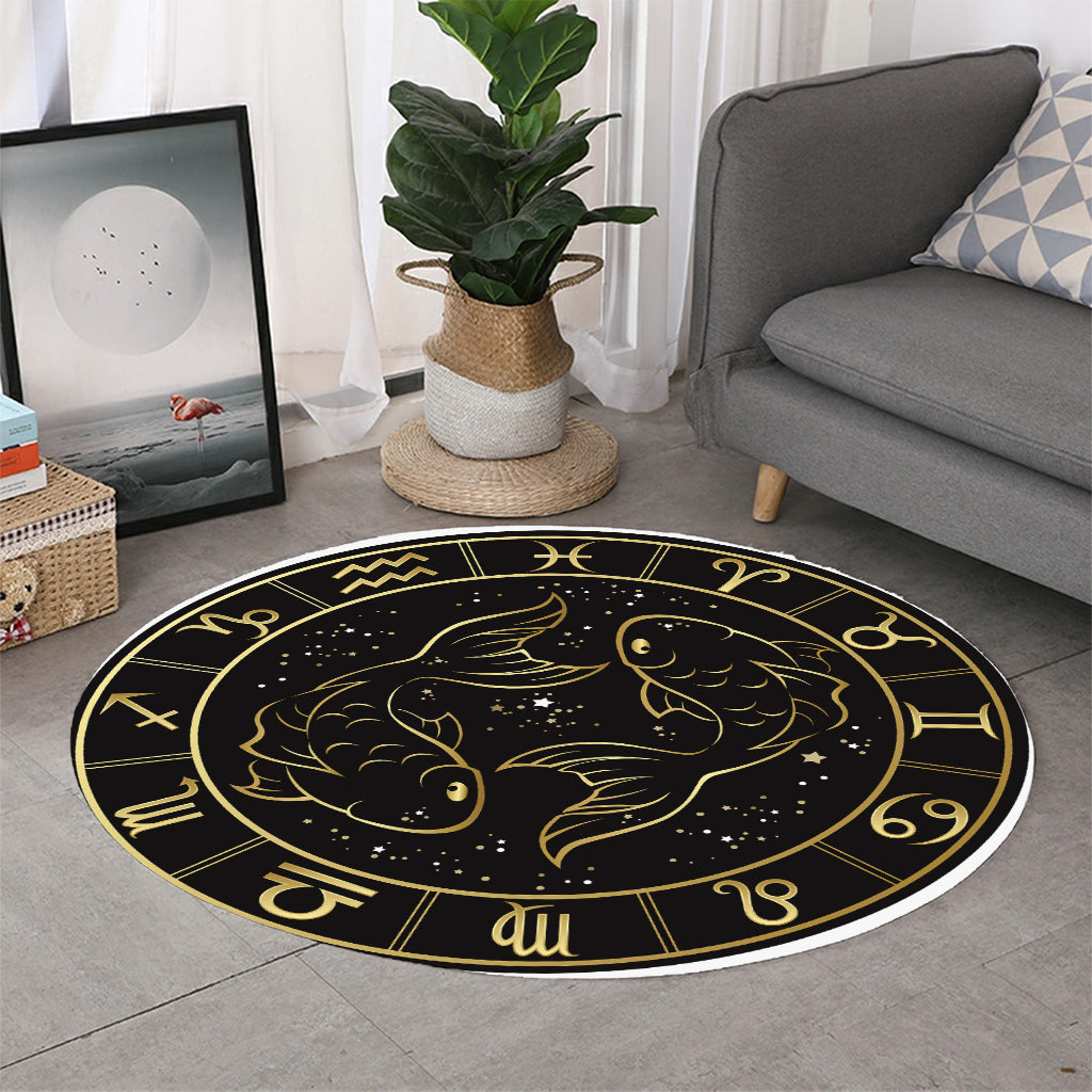 Gold And Black Pisces Sign Print Round Rug