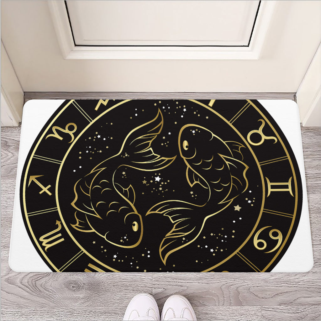 Gold And Black Pisces Sign Print Rubber Doormat