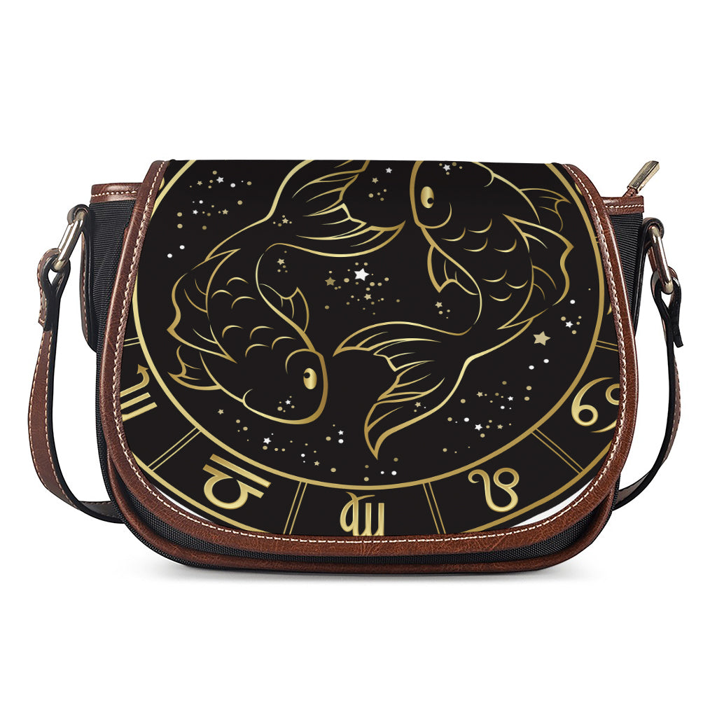 Gold And Black Pisces Sign Print Saddle Bag