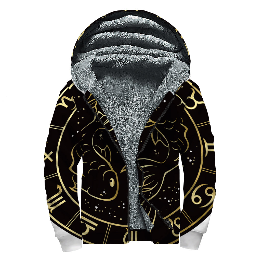 Gold And Black Pisces Sign Print Sherpa Lined Zip Up Hoodie