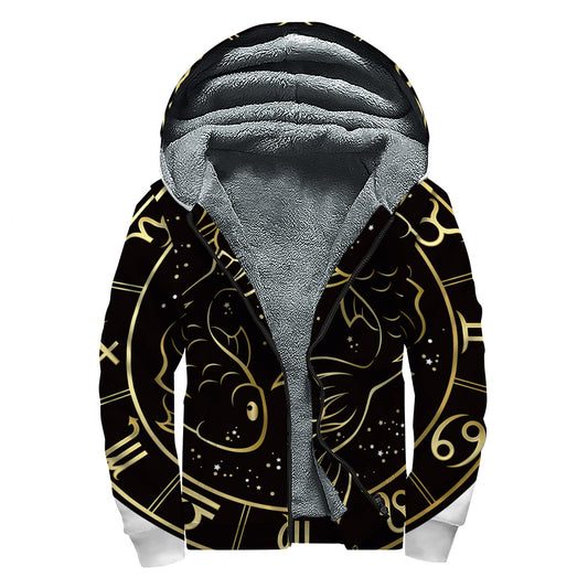 Gold And Black Pisces Sign Print Sherpa Lined Zip Up Hoodie