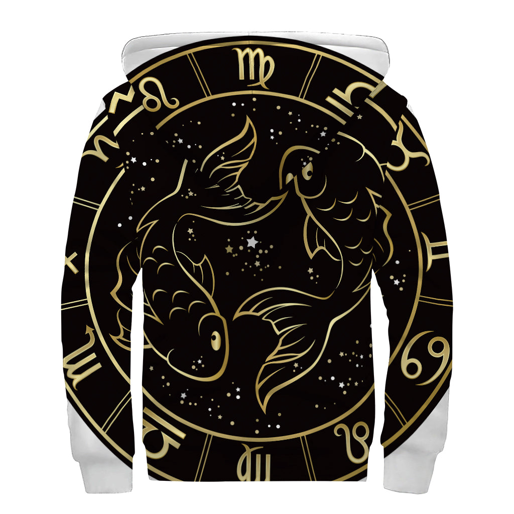 Gold And Black Pisces Sign Print Sherpa Lined Zip Up Hoodie