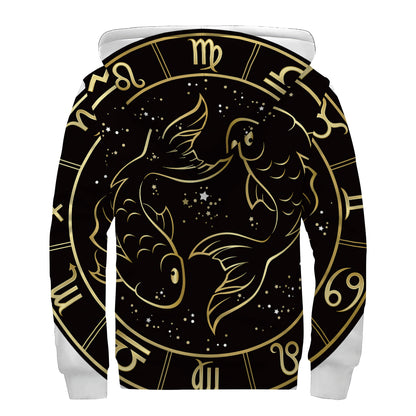 Gold And Black Pisces Sign Print Sherpa Lined Zip Up Hoodie