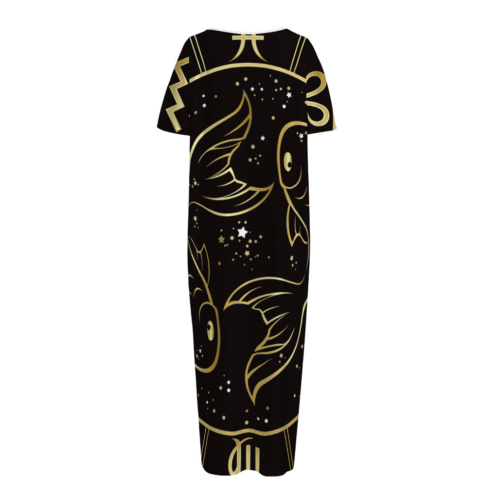 Gold And Black Pisces Sign Print Short Sleeve Long Nightdress