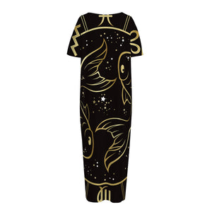 Gold And Black Pisces Sign Print Short Sleeve Long Nightdress