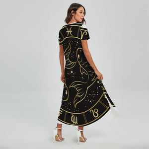 Gold And Black Pisces Sign Print Short Sleeve Maxi Dress