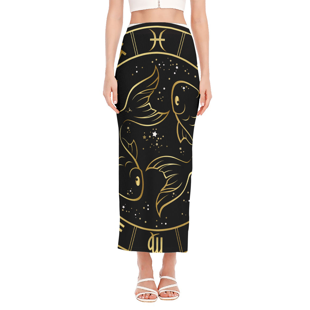 Gold And Black Pisces Sign Print Side Slit Maxi Skirt