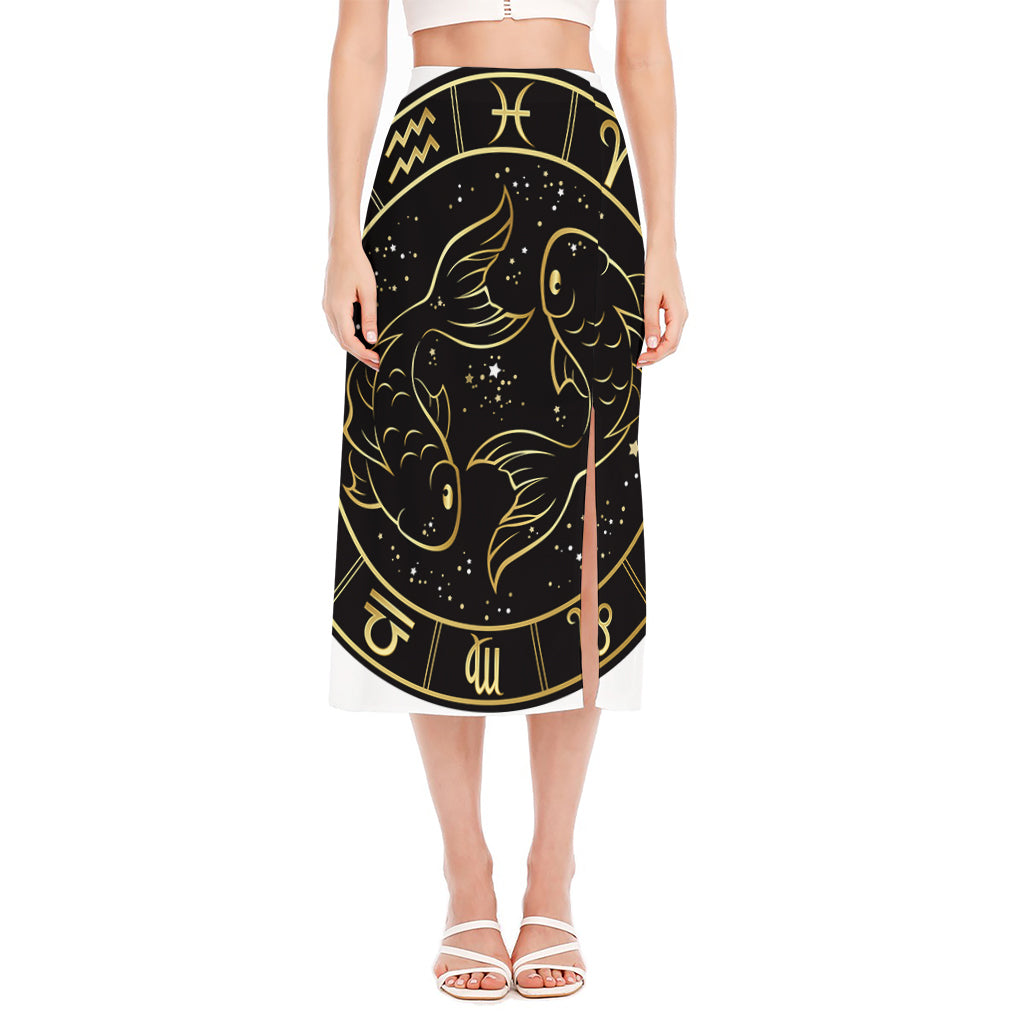 Gold And Black Pisces Sign Print Side Slit Midi Skirt