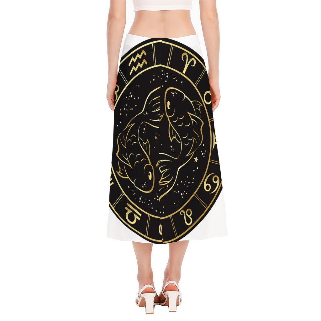 Gold And Black Pisces Sign Print Side Slit Midi Skirt