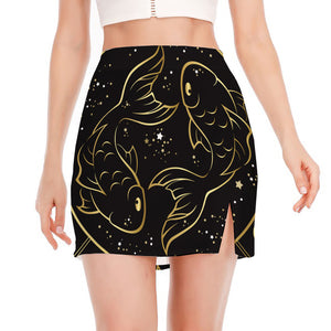 Gold And Black Pisces Sign Print Side Slit Mini Skirt