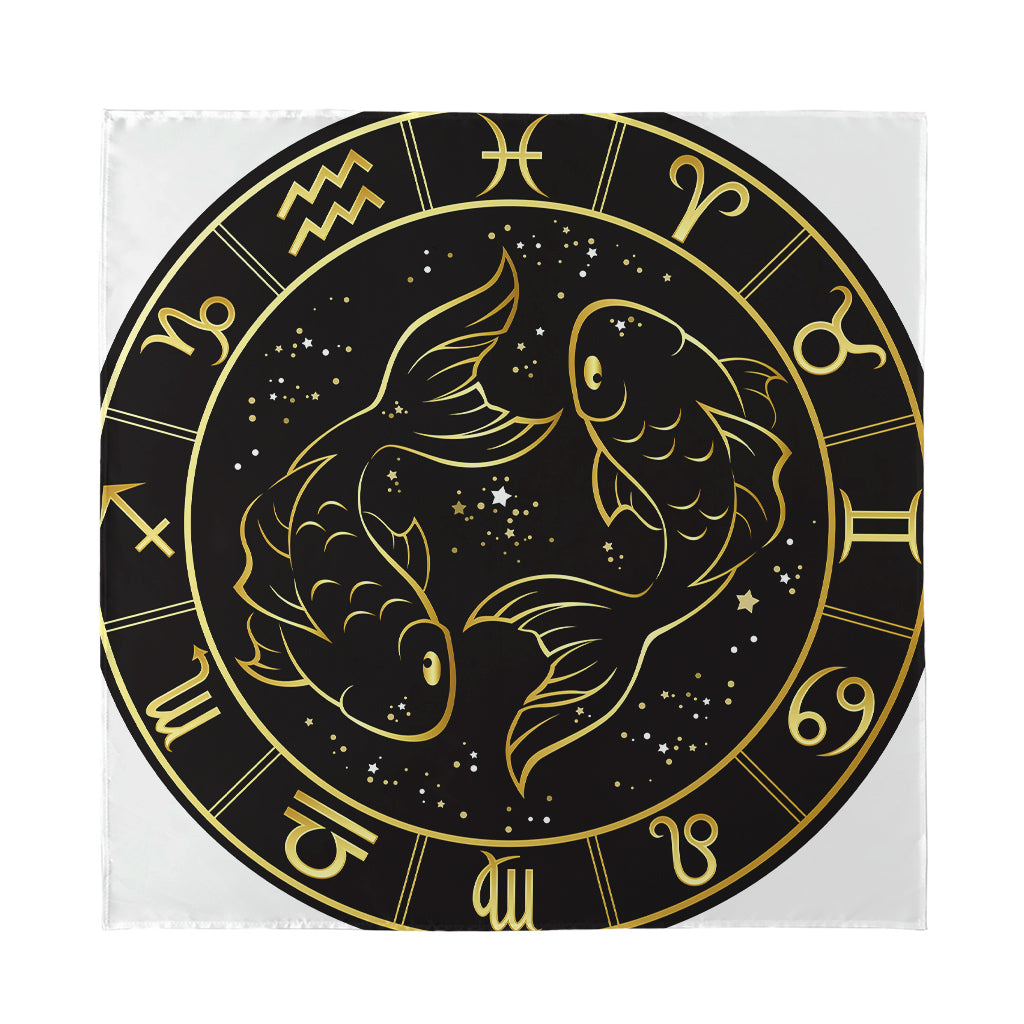 Gold And Black Pisces Sign Print Silk Bandana