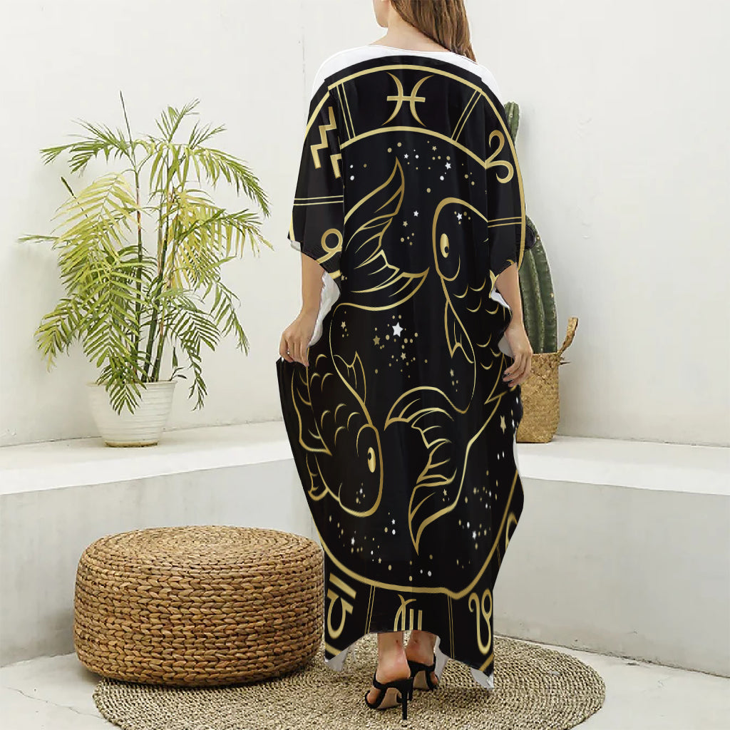 Gold And Black Pisces Sign Print Silk V-Neck Kaftan Dress