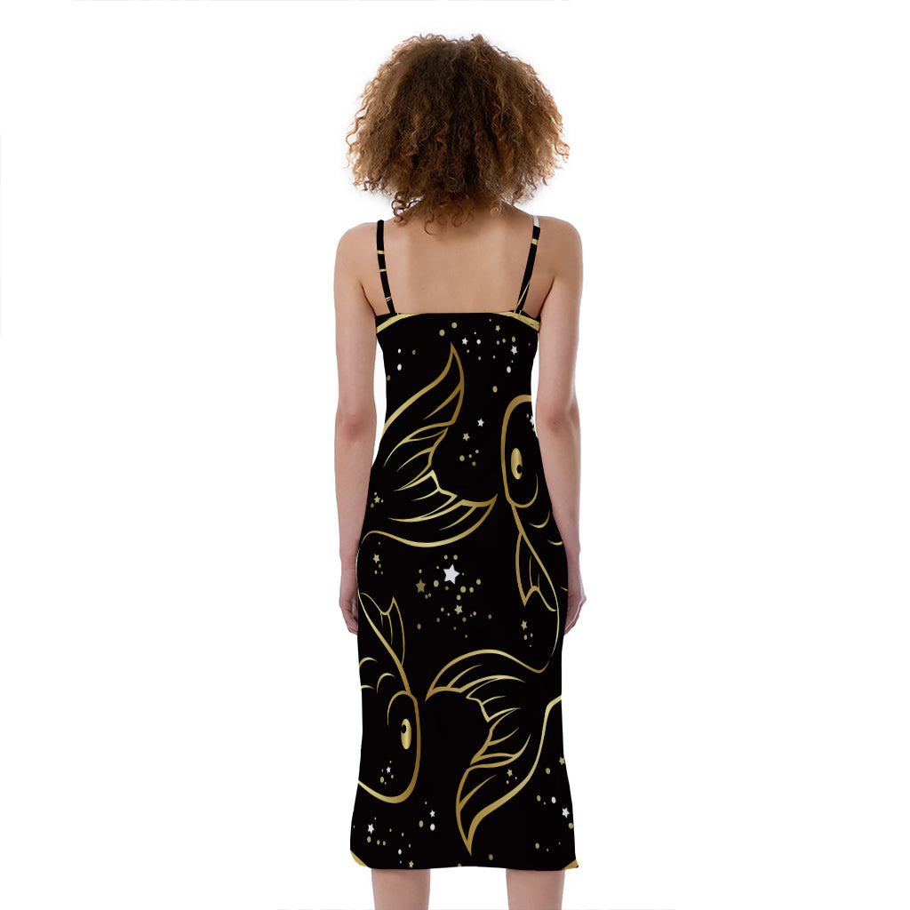 Gold And Black Pisces Sign Print Slim Fit Midi Cami Dress
