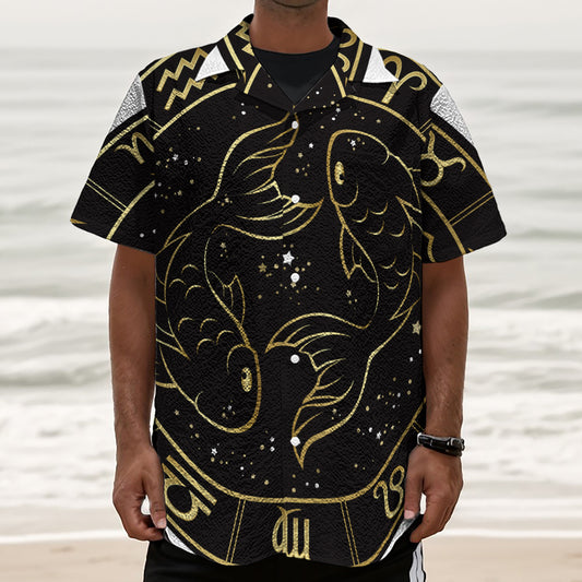 Gold And Black Pisces Sign Print Textured Short Sleeve Shirt