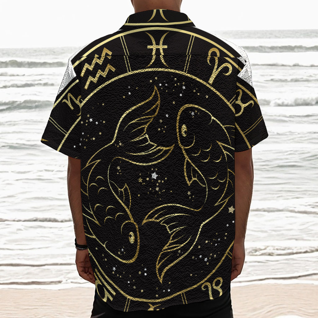 Gold And Black Pisces Sign Print Textured Short Sleeve Shirt