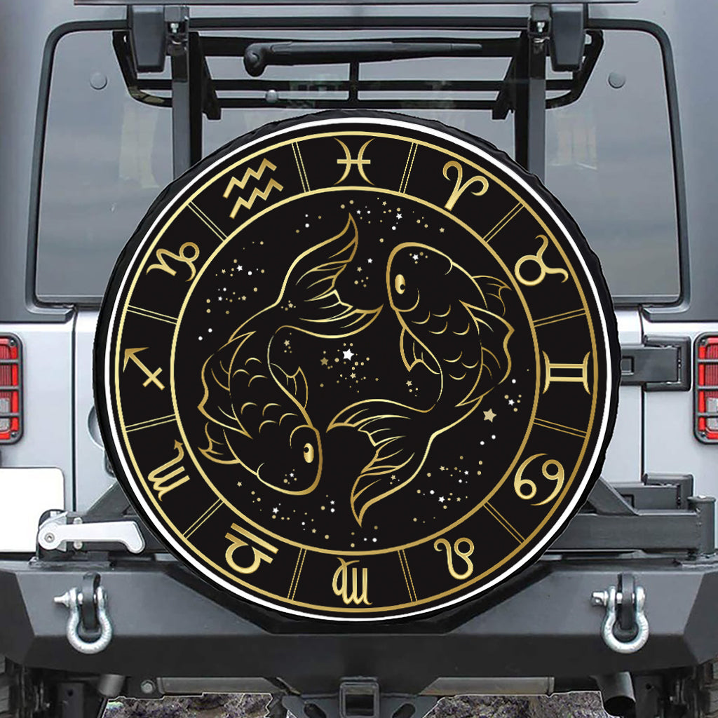 Gold And Black Pisces Sign Print Tire Cover