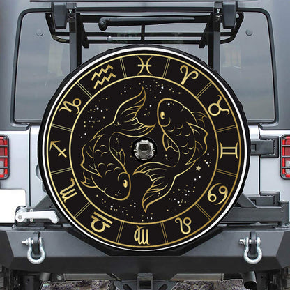 Gold And Black Pisces Sign Print Tire Cover With Camera Hole