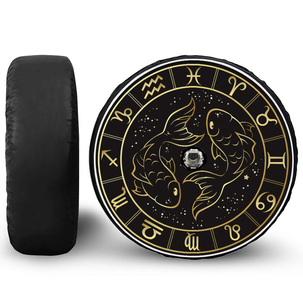 Gold And Black Pisces Sign Print Tire Cover With Camera Hole