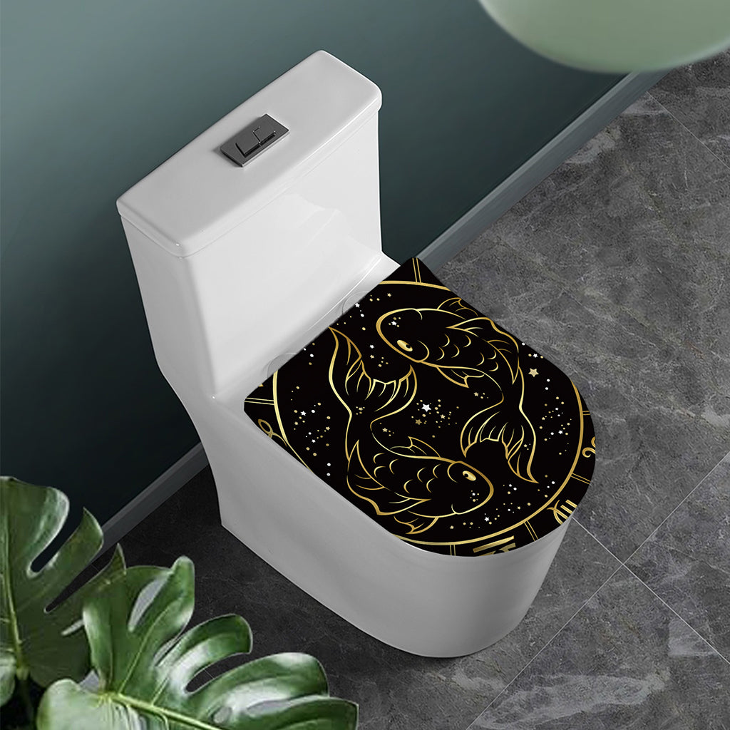 Gold And Black Pisces Sign Print Toilet Lid Cover
