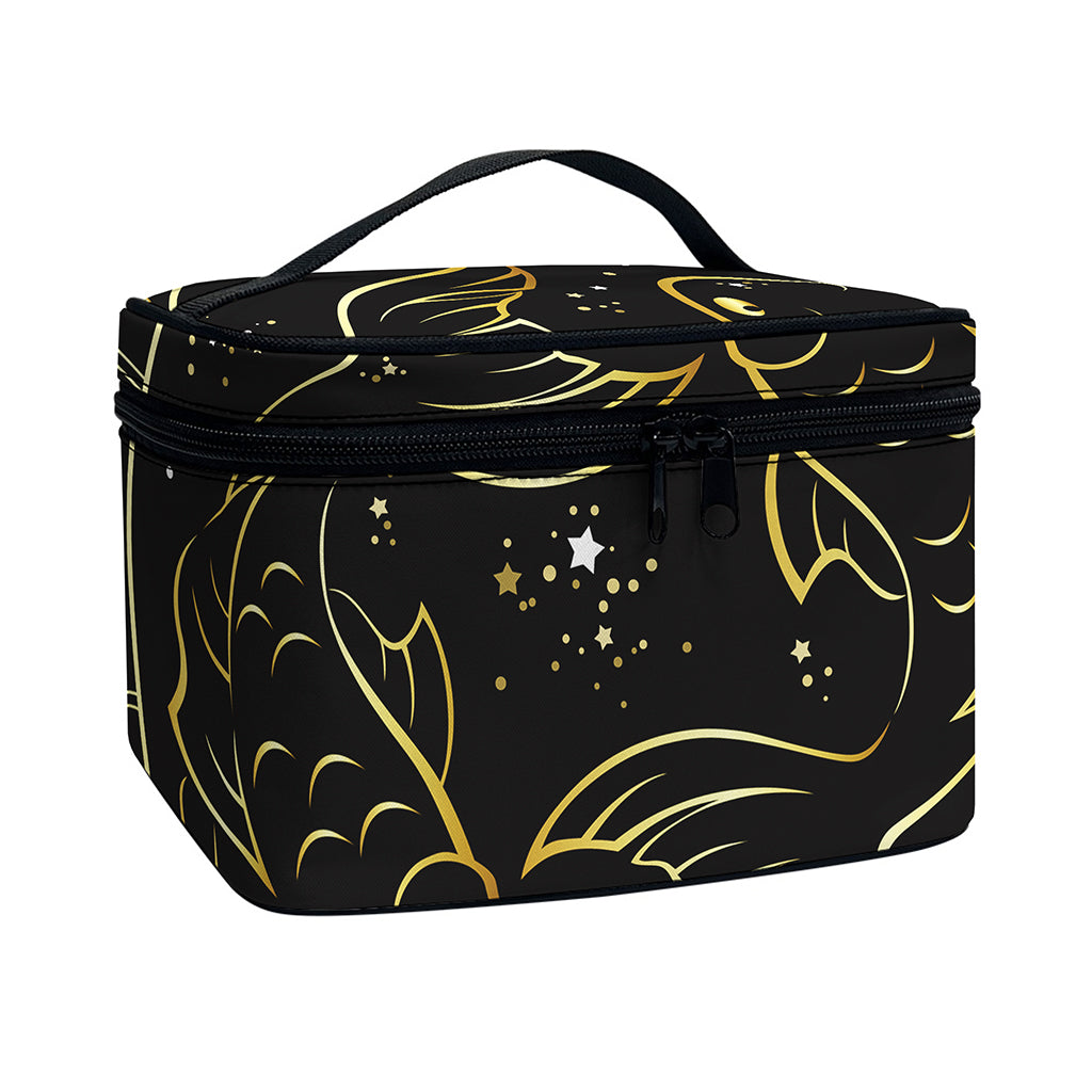Gold And Black Pisces Sign Print Travel Makeup Bag