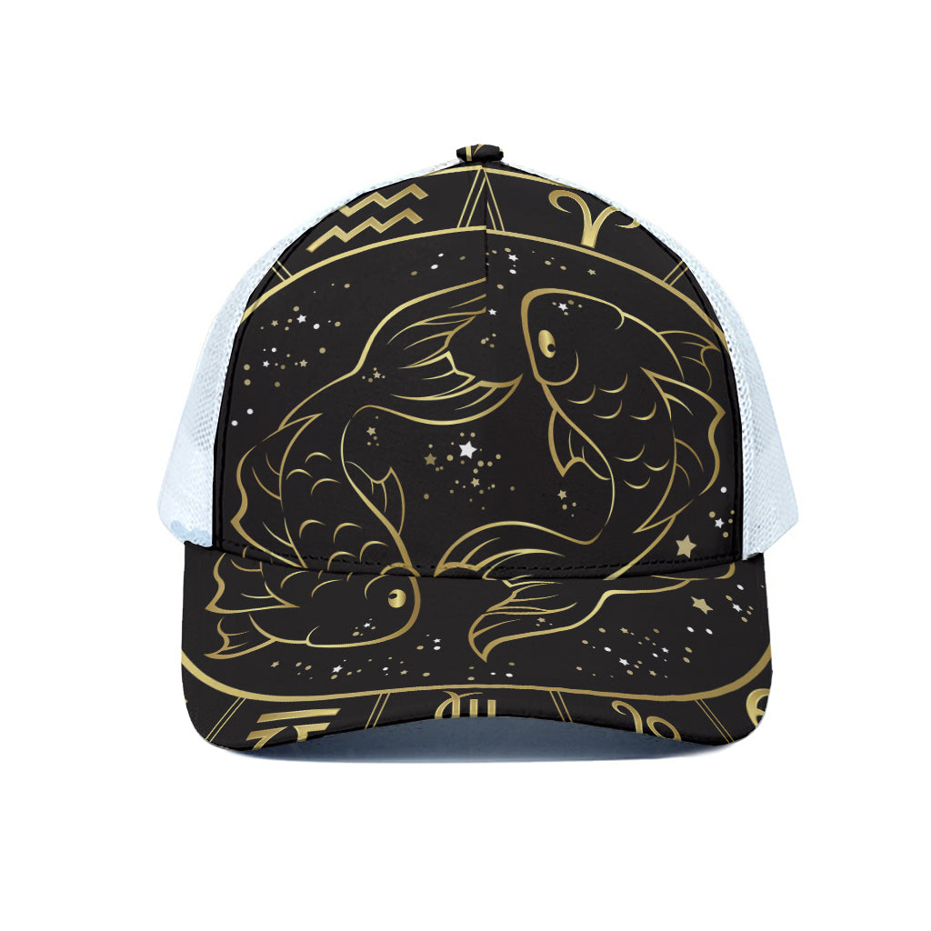 Gold And Black Pisces Sign Print White Mesh Trucker Cap